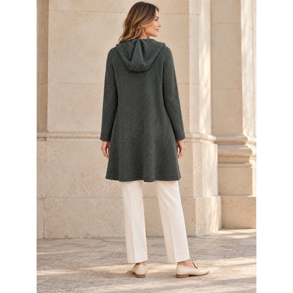 Eileen Fisher Wool Silk Long Cardigan Sz L Open Front Speckled Hooded Minimalist - Picture 4 of 10